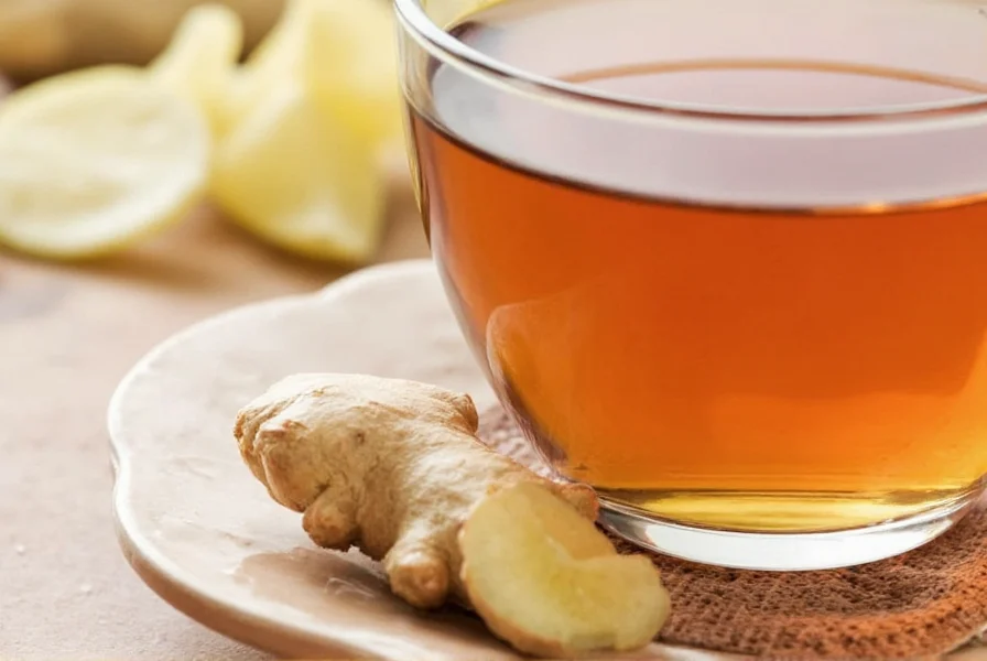 Fresh ginger root and brewed ginger tea in a cup