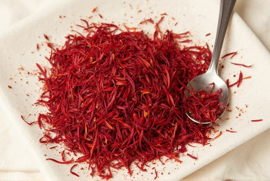 Close-up of genuine saffron threads showing deep red color with orange tips, no yellow styles, arranged on white background