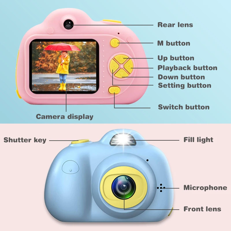 
1080P HD Mini Camara for Children Kids Gift Front and Back Dual-Lens Girls Boys Shockproof Camera with Soft Silicone Shell 