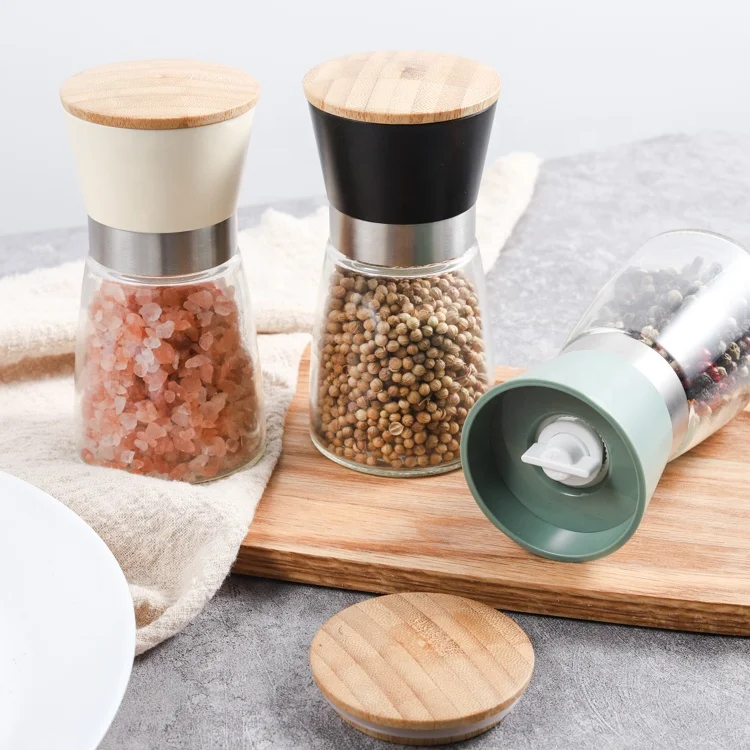 

Bamboo Lid stainless steel ring ceramic grinder core manual Salt and Pepper Grinder with 170ml glass jar for black pepper