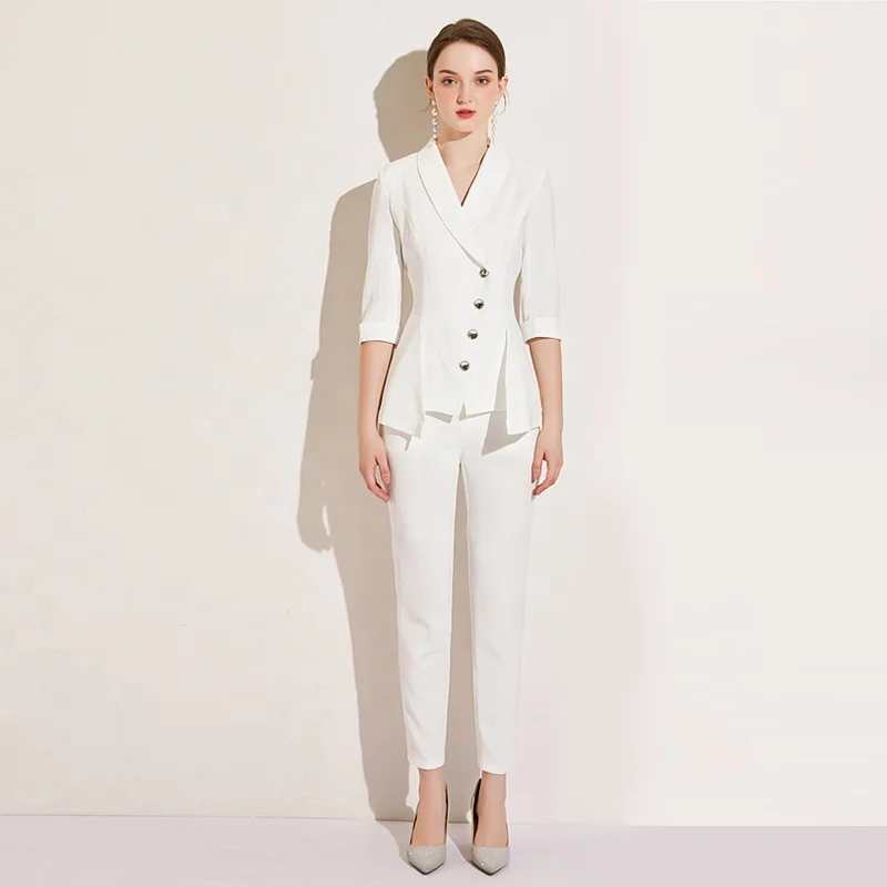 

Latest Fashion Half Sleeve Lapel Buttons Straight Pants Ladies 2 Piece Pant Women Set Blazer Suits