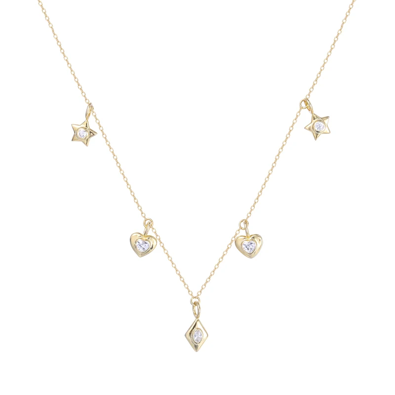 Minimalist dainty 925 silver 5a cubic zircon setting heart star shape charms pendant necklace