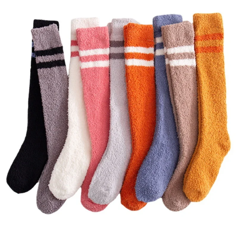 

In Stock Winter Thick Fluffy Warm Over Knee Socks Striped Fuzzy Warm Coral Velvet Sleep Women Stockings, Custom color