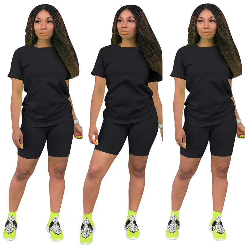 

Wholesale 2 Piece Set Women Outfits Suits Solid Color Sports And Casual T Shirt Pants Suit Tracksuits Yoga Shorts Set, Customized colors