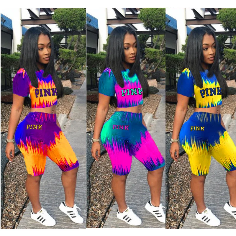 

fashion tie dye printed women casual two piece set orange yellow pink printing rugrats women short sets outfit, Custom choose