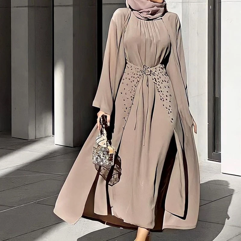 

Dropshipping Diamond Middle East Islamic Clothing Dubai Modern Muslim Clothes 3 Piece Abaya Set Modest Dress, 2 colors in stock accepted customzied design