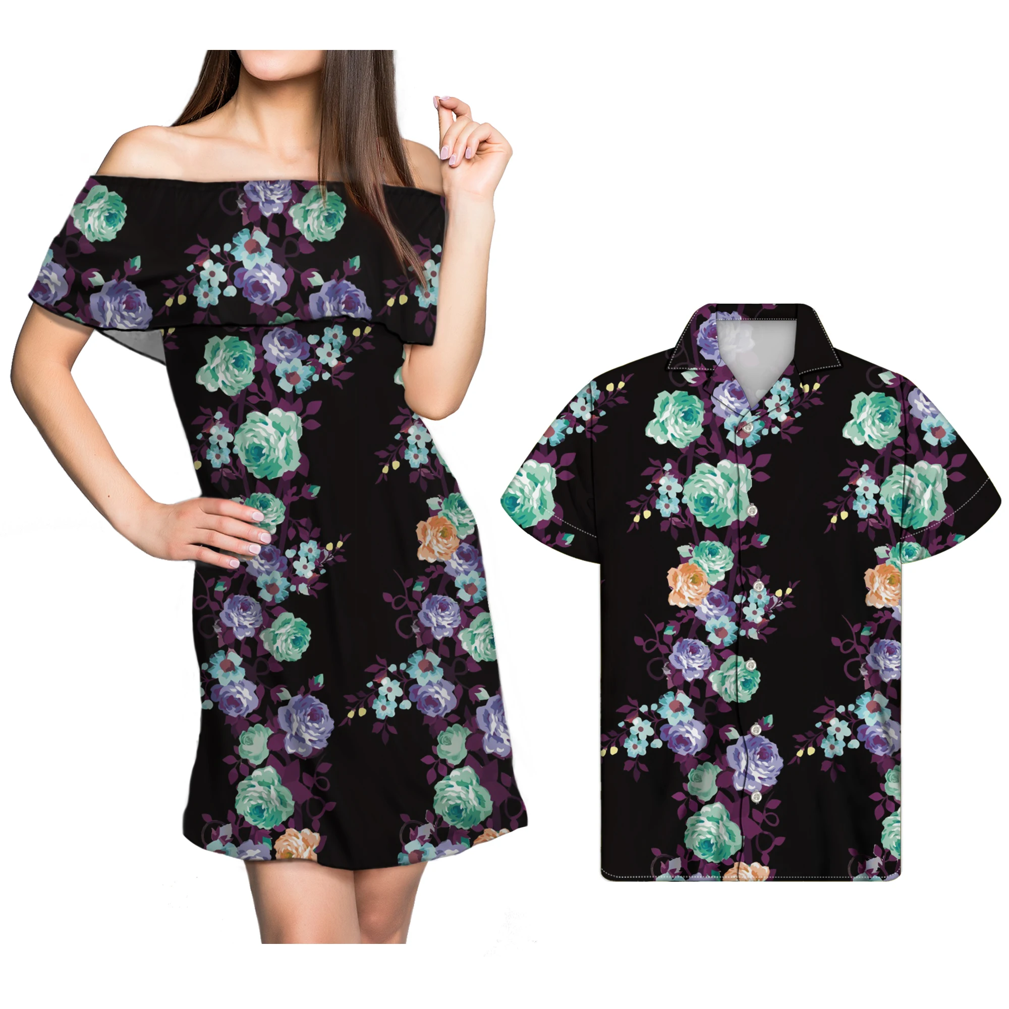 

Clasical Rose Printed Couple Outfits Elegant Lady Short Party Dress Strapless Match Regular Shirts for Men Oversized 1MOQ, Customized color