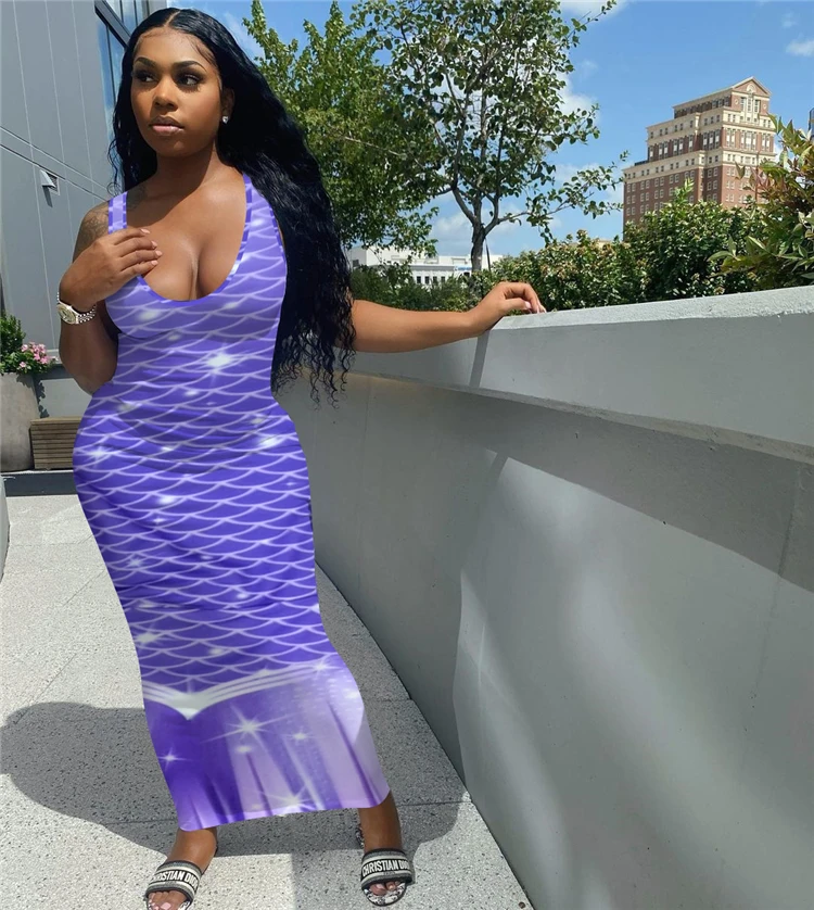 

DUODUOCOLOR Fashion summer 2021 midi fish scale print dress pattem sleeveless tight sexy dress women D97335