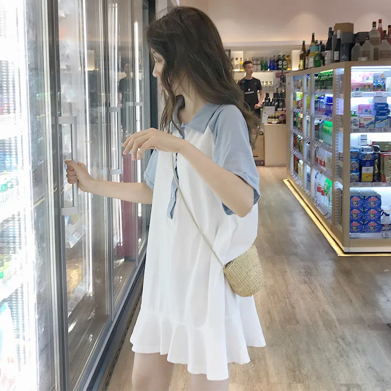 

2021 summer female net red loose short short tall dress college style polo collar student T-shirt base skirt korean loose dress