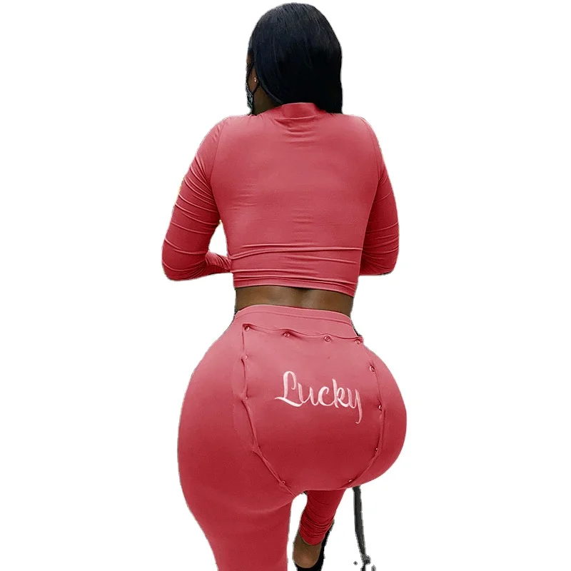 

High Quality Women Long Sleeve two piece pajama set with butt flap Soild Color Button Lucky Pattern 2 Piece Set For Women