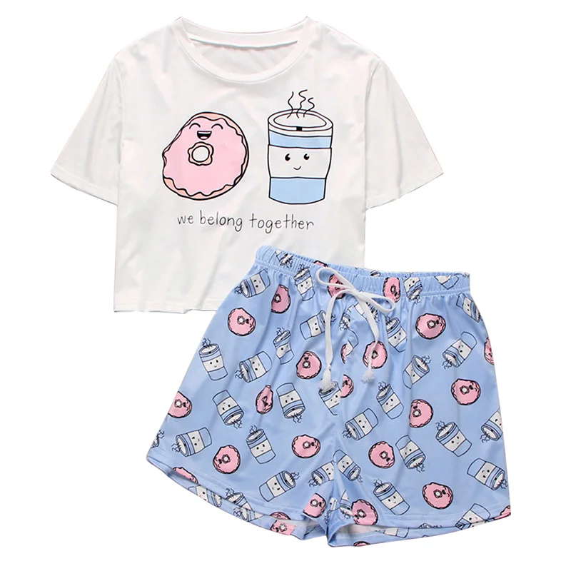 

Womens Print T-shirt Shorts Set 2 Pcs Lounge Wear Short Sleeve Top Drawstring Shorts Homewear Casual Suit