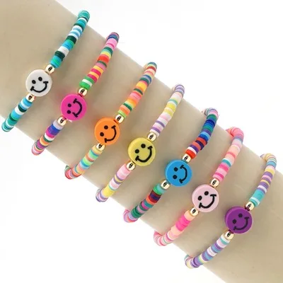 

2021Stretch Elastic Smiley Face Bracelet National Style Of Colored Soft Pottery Bracelet Beach Bracelet For Women, Multi colors