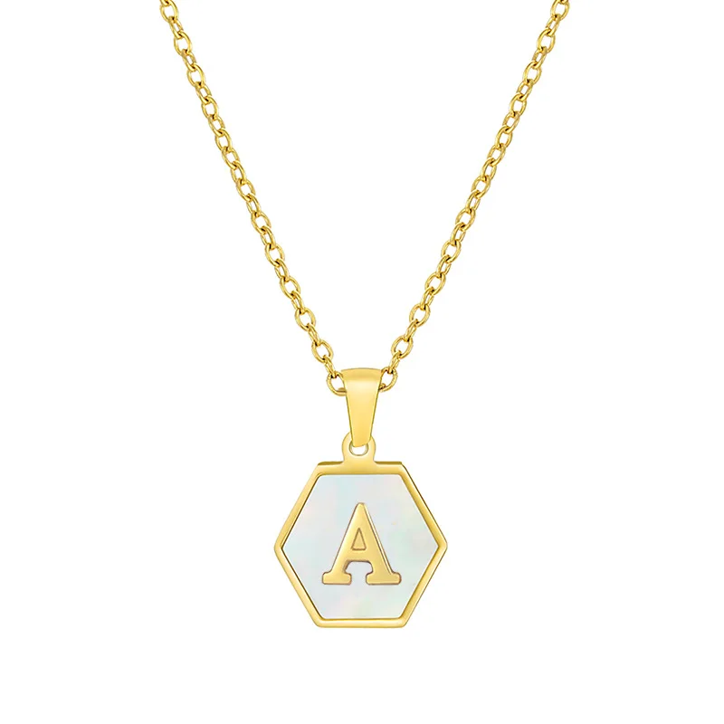 

European Style 18K Gold Plated White Shell Letter Pendant Necklace Hexagon Shape Letter Pendant Necklace for Women