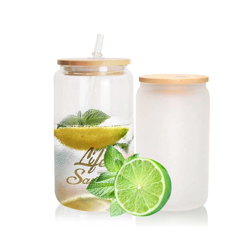 

Hot Sale US Warehouse 12oz 16oz Frosted clear coffee soda shaped beer Sublimation Glass can with bamboo lid and plastic straw, Clear transparent