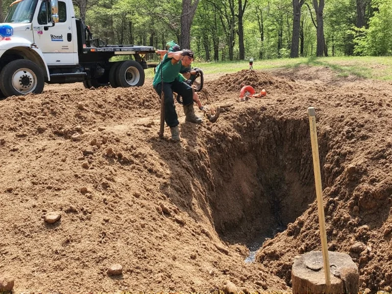 Professional septic installation with soil testing equipment