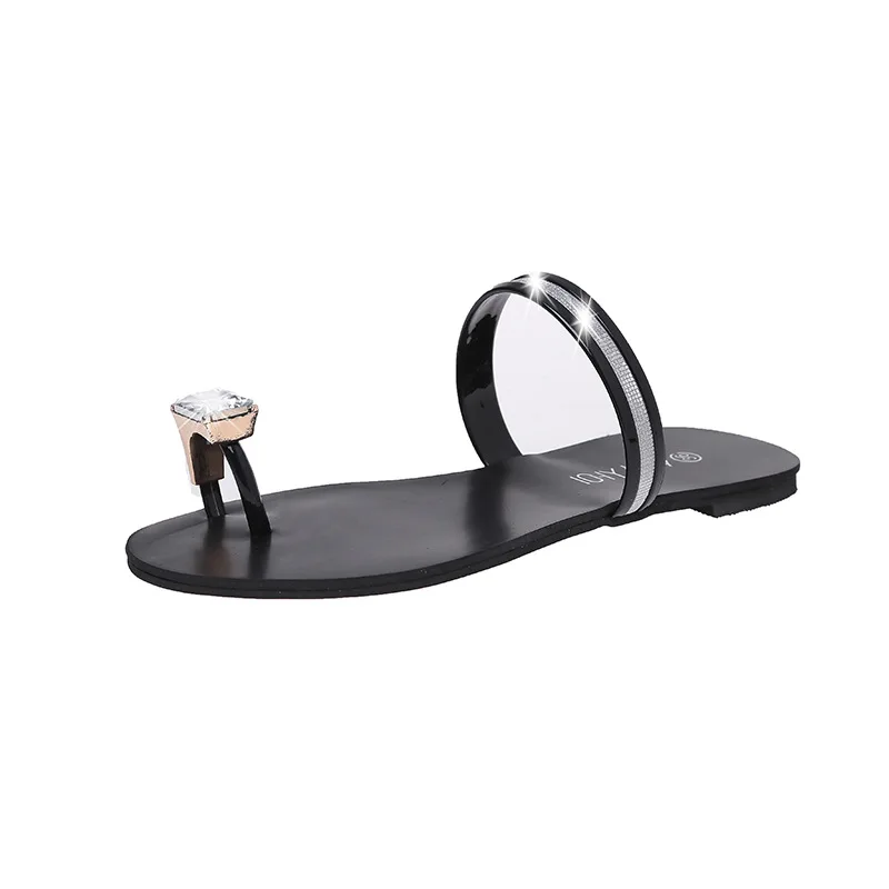 

Silver slide slippers big size women flat designer rhinestone sandals