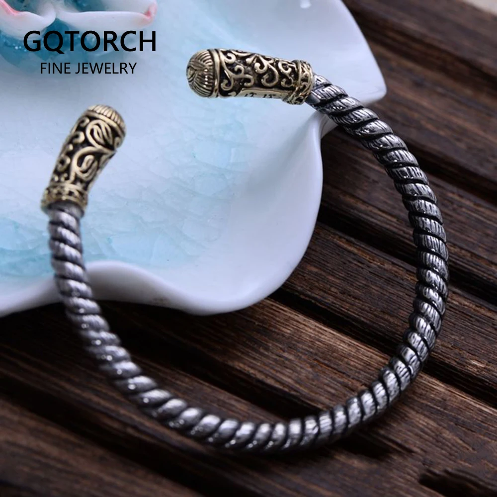 

Real Solid 925 Sterling Silver Retro Twist Rope Bangle For Men Vintage Flower Carving With Eye Of God Opening Bracelets