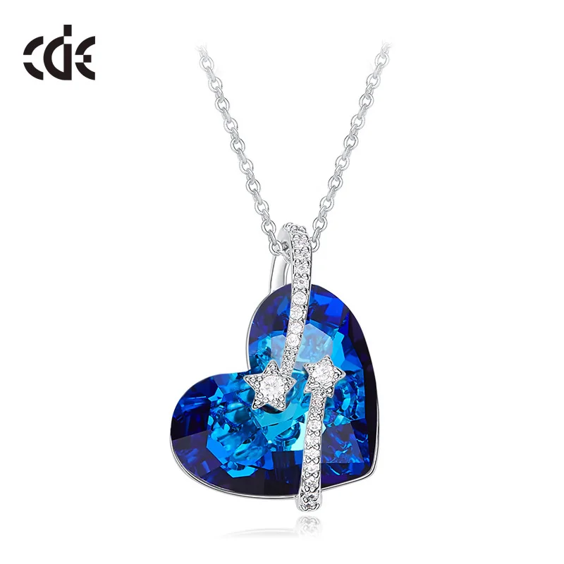 CDE P0964 Trendy Jewelry 2023 Love Necklace Blue Gemstone Austrian Crystal Heart-Shaped Pendant Necklace For Women