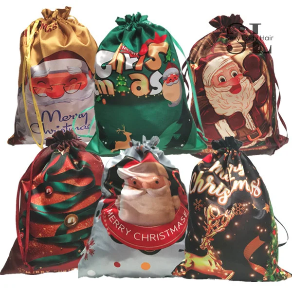 

Christmas festival gift satin bags bundle package bag with drawstring rope shopping soft silk bag custom logo for wig hair