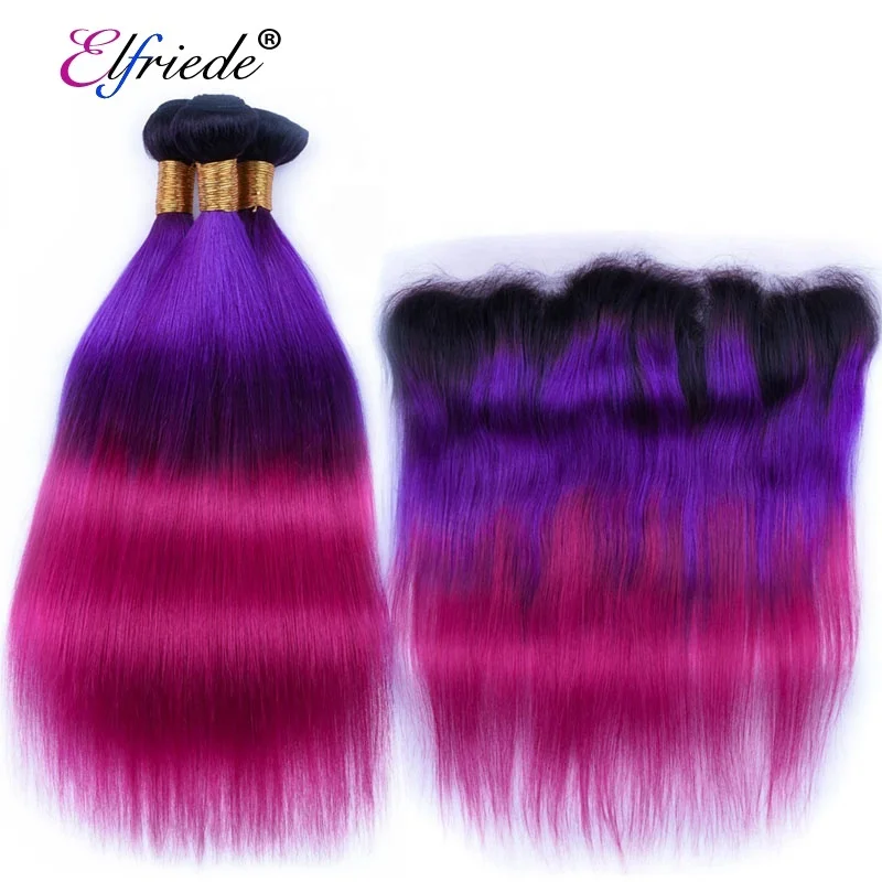 

#T 1B/Purple/Rose Red Straight Hair Bundles with Frontal Ombre Brazilian Remy Human Hair Weaves with 13"x4" Lace Frontal JCXT-75