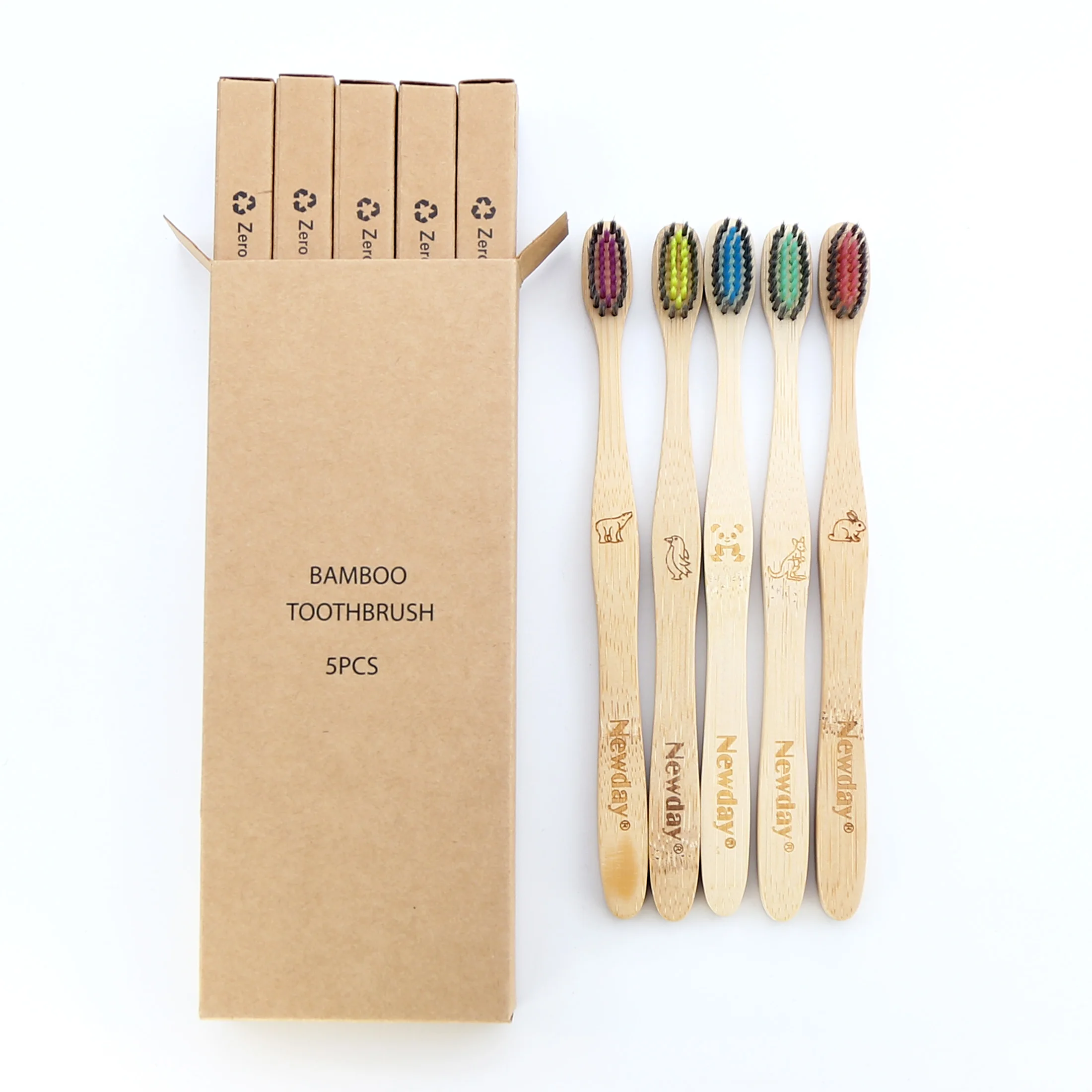 

Newday brand vegan friendly biodegradable eco bamboo toothbrush and zero waste package products and one set equals 5pcs, Pantone color