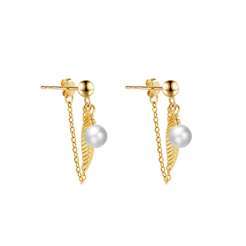 

RINNTIN EQE36 Sterling Silver Ear Stud Pearl drop feather shaped chains dangle earrings gold plated hoop earrings women 2021