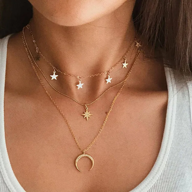 

Fashion Pendant Necklaces Gold Star Moon Heart Multilayer Necklace for Women, Golden