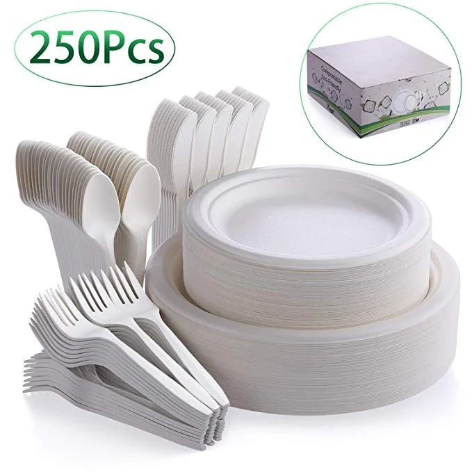 Eco Friendly Disposable Biodegradable Tableware Set Compostable Bagasse