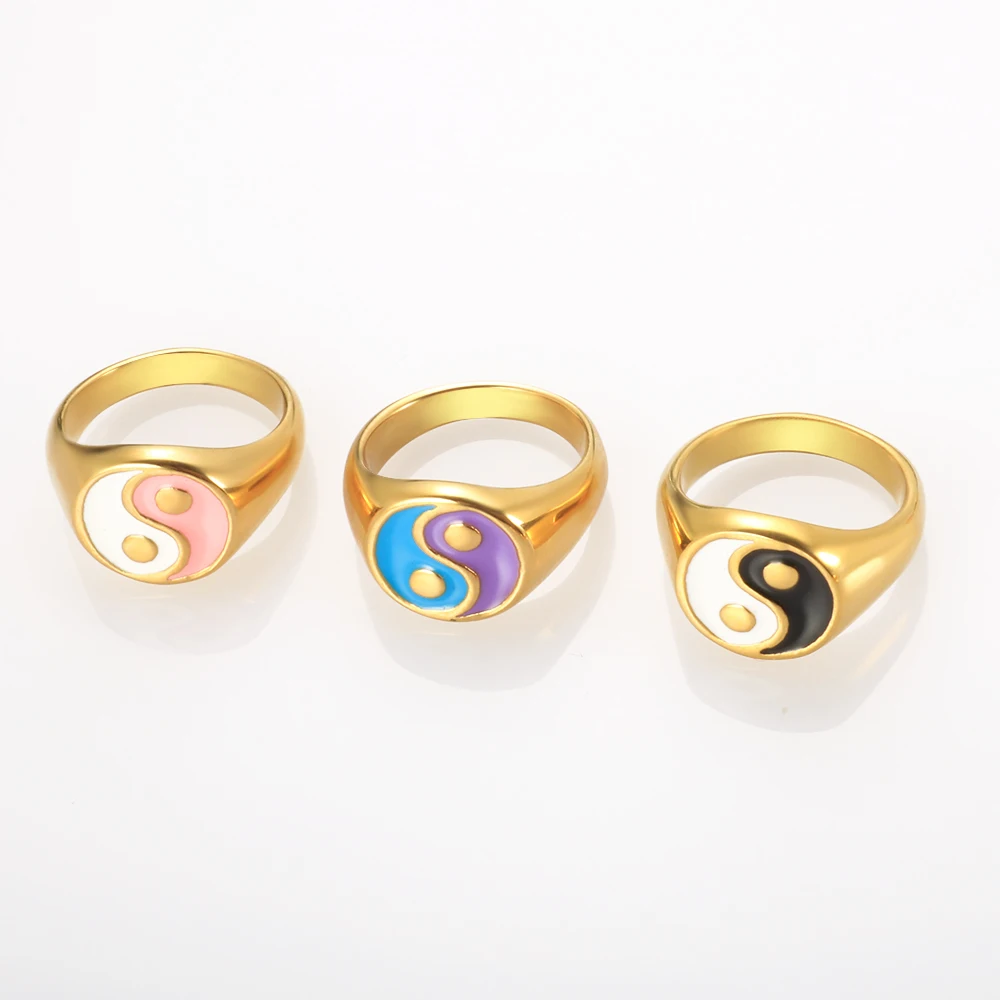 

Ins New Arrival Stainless Steel Fine Jewelry 18k Gold Plated Yin Yang Enamel Rings Set Fengshui Finger Band Ring, Gold/silver/rose gold