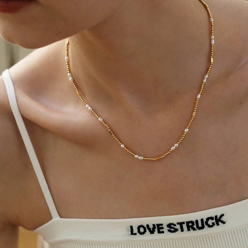 

Stainless Steel Mix Thin Chain Small Beads Real Pearl Necklace 18K Gold Plated Beaded Necklaces Handmade Cute Romantic Jewelry