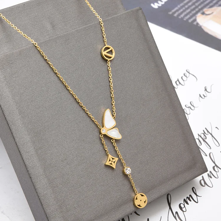 

Xunbei New Flower Tassel White Shell Stainless Steel Butterfly Necklace