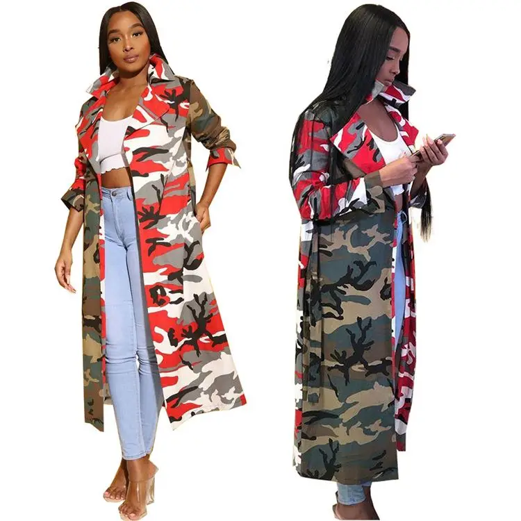 10AF364 new style tailored collar camo print pockets belt long latest design 2020 women fashion clothing coat