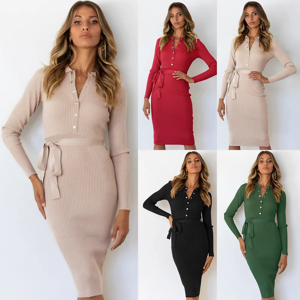 

Mid Long Jumper Knit Dress Large Size Autumn And Winter New Long Sleeve Slim Dress Elegant Solid Color Pencil Skirt, Black,apricot,atrovirens,wine red