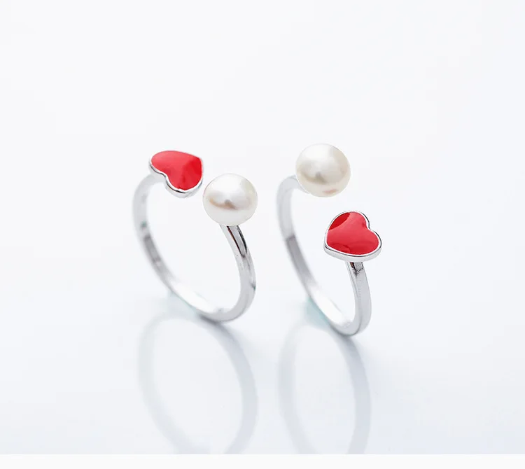 925 Pure Silver Pearl Opening Ring Temperament Red love Ring Female Japan and South Korea Simple Silver Ornaments