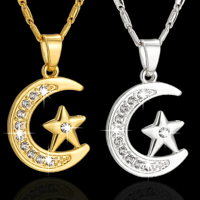 

Hip Hop 18k Gold Fine Jewelry Star Moon Pendant Necklaces Ethnic Arab Numerology Crescent Moon Necklace Stainless Steel Jewelry