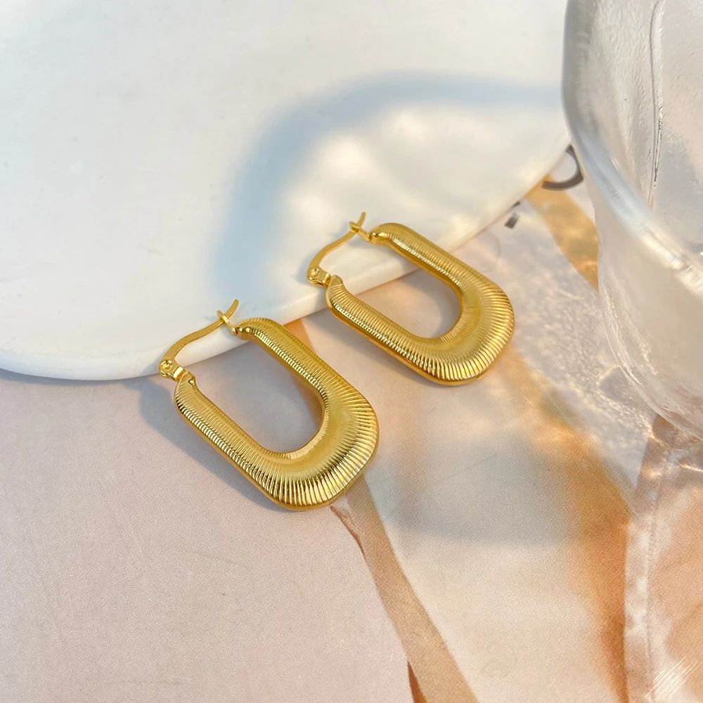 

Party Jewelry Stainless Steel Hoop Earrings 18K Gold plated Threaded U-shaped Earrings Girls
