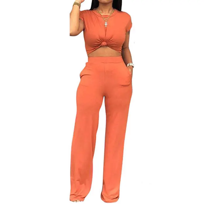

New Arrivals Fashion Women Casual Crop Top Jumpsuit Casualn Solid Two Piece Set Women Clothing Pants 2 Pieces Set