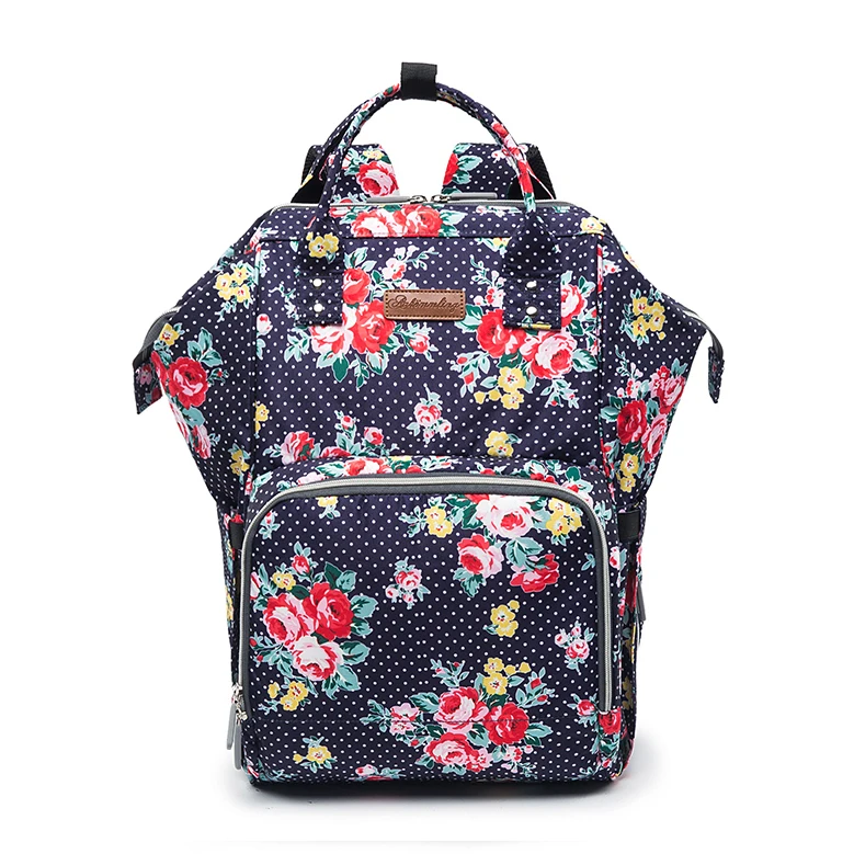 

Low MOQ Flower Print multi functional Waterproof Charging USB Mummy baby diaper bag