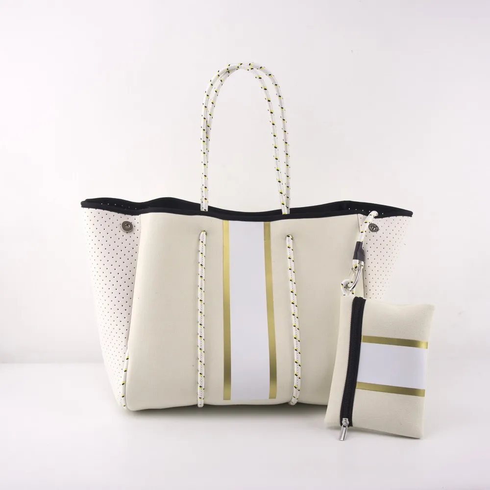 

2021 Hot Selling 4mm reversible perforated neoprene handbags Printing Women Beach Bag, Sample or customized