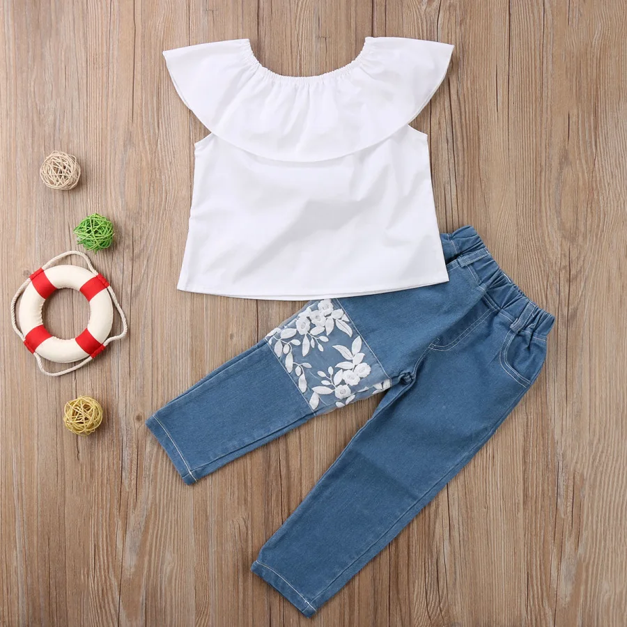 

Wholesale Child Girl Clothing White Linen Shirt Jeans Matching Kids Clothes Sets Summer Girls Outfits