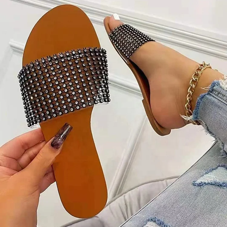 

Fashion Ladies Beach Clear Flat Rhinestone Slippers Women Glitter Slides