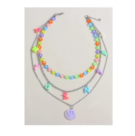 

Flower Pendant Indie Jewelry Choker Layered Colorful Beaded Smiley Face Necklace for Teen Girls Woman, Picture shows