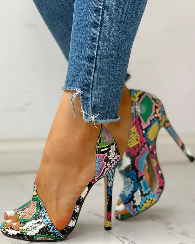 

2021 Trendy Sexy Snakeskin Heels Ladies Thin Heels Sandals Peep-toe Pumps, Picture