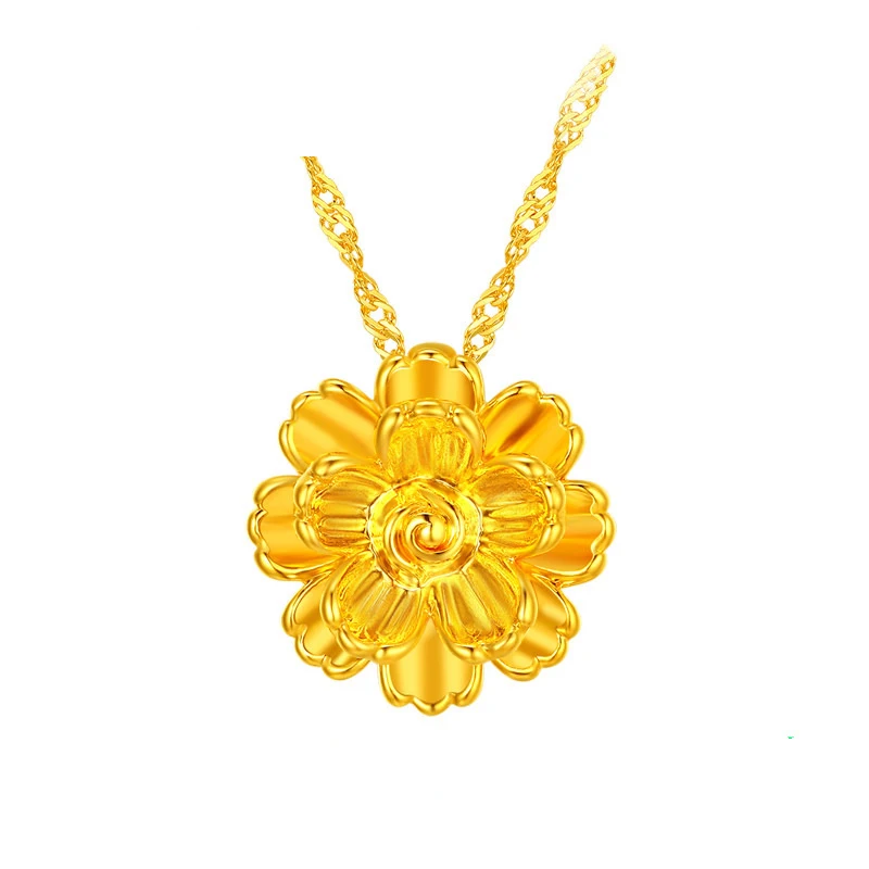 

Certified 999 Pure Gold Peony Flower Necklace Flower Pendant 3D Hard Gold Pendant Set Chain O-Shaped Chain Choker Gift