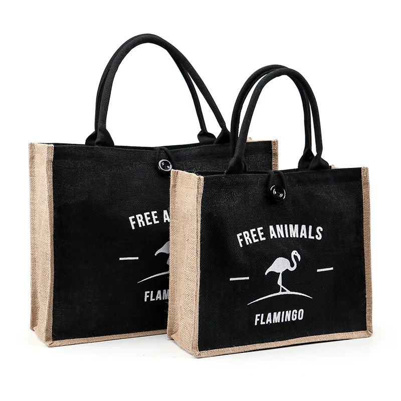 

Stock Flamingo Printed Natural Jute Shopping Bag Eco Burlap Jute Bag with Owl Printed Logo Customizable Hemp Tote Bag for Gift, Black, or custom