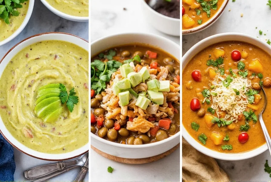 Variations of chicken green chili soup including keto version with avocado, gluten-free preparation, and vegetarian mushroom alternative