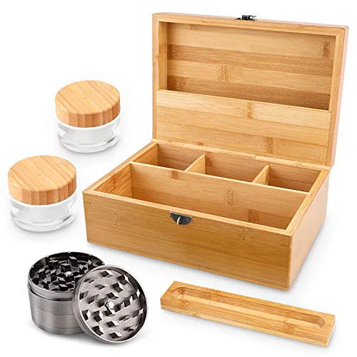 

Custom LOGO smoking accessories wood bamboo stash weed storage box with grinder and rolling tray, Natural or carbonized