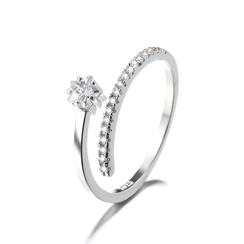 

925 Silver Diamond Adjustable Ring Thin Band Shiny Single Stone Open Ring for Gift