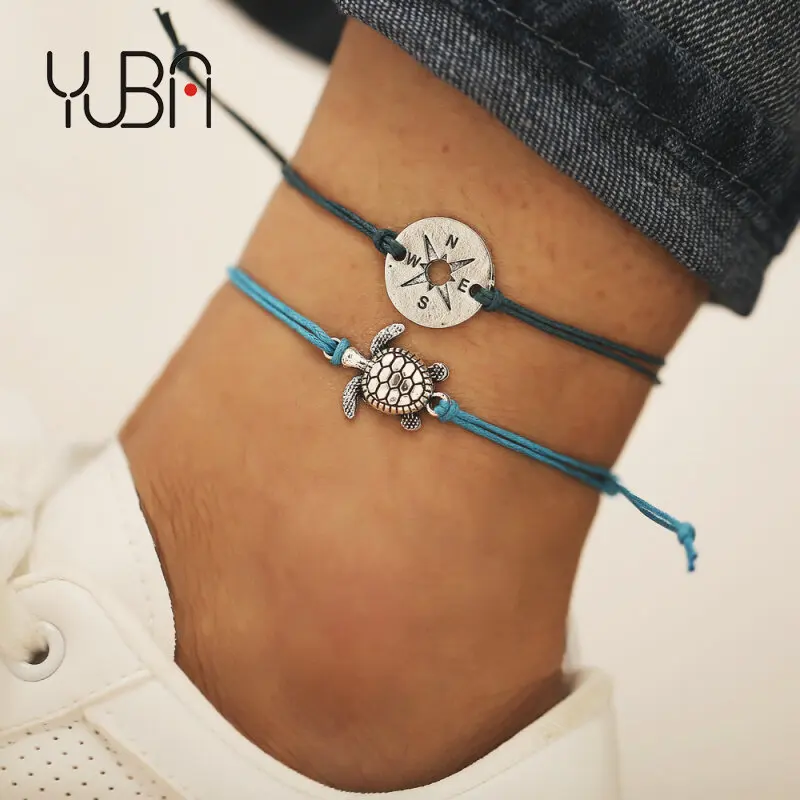 

Foot Jewelry Blue Color Thread Rope Compass Coin Anklets Bohemian Wax Cord String Carved Texture Compass Tortoise Turtle Ankle