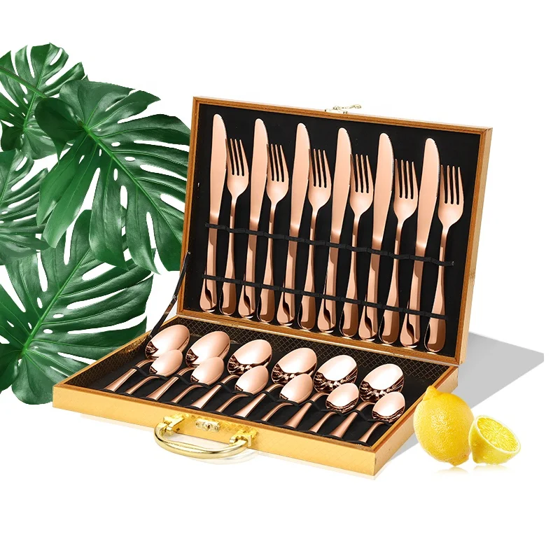 

Stainless Steel Silverware Set 24-Pieces Gold Flatware Set Service of 6 Flatware Cutlery Set in Wood Case Mirror Polish, Silver/gold/rose gold/multicolored/black